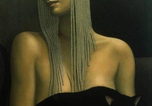 Jane Whiting Chrzanoska -Nude Woman with Beaded Headress, Black Cat and Martini